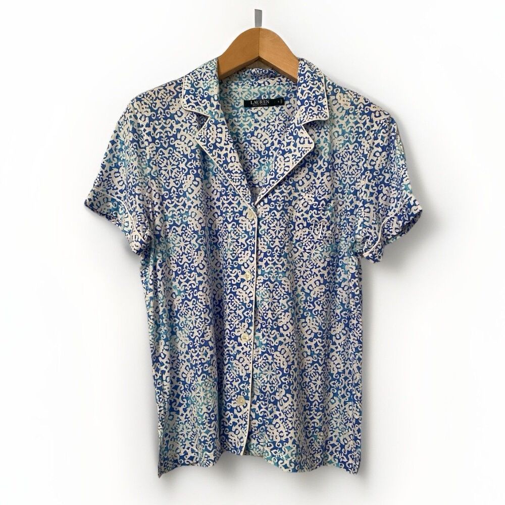 NWT Women's LRL Ralph Lauren Pajama PJ Top Button Shirt Blue Cotton Blend Sz L